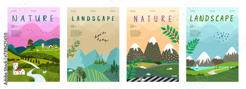 Beautiful countryside, nature and landscape. Vector illustration of mountains, trees, plants, fields and farms. Editable work for cover or card designs.