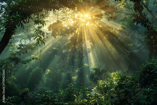 : Sunbeams filtering through a dense forest canopy creating a dappled sunrise.