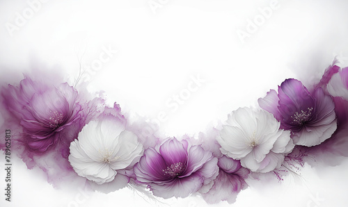 Ilustracja motyw kwiatowy. Fioletowe i białe kwiaty na białym tle. Tapeta kwiaty, puste miejsce na tekst. Tło kwiatowe, abstrakcyjny wzór