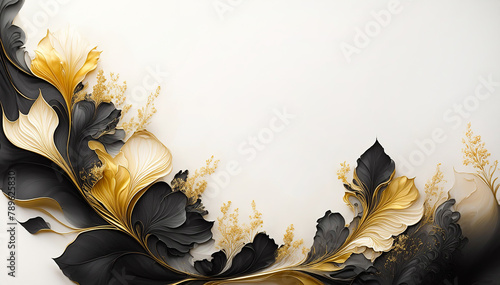 Ilustracja wzór kwiatowy. Czarne i złote kwiaty na białym tle. Tapeta kwiaty, puste miejsce na tekst. Tło kwiatowe, abstrakcyjny wzór. Dekoracyjny papier © Iwona