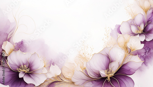 Ilustracja motyw kwiatowy, akwarela. Fioletowe kwiaty na białym tle. Tapeta kwiaty, puste miejsce na tekst. Tło kwiatowe, abstrakcyjny wzór
