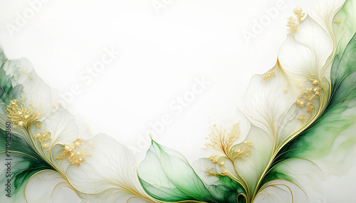 Ilustracja motyw kwiatowy. Zielone kwiaty na białym tle. Tapeta kwiaty, puste miejsce na tekst. Tło kwiatowe, abstrakcyjny wzór