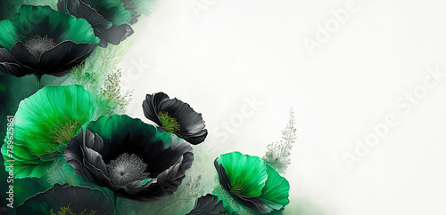 Ilustracja motyw kwiatowy. Zielone i czarne kwiaty maki na białym tle. Tapeta kwiaty, puste miejsce na tekst. Tło kwiatowe, abstrakcyjny wzór. Dekoracyjny papier