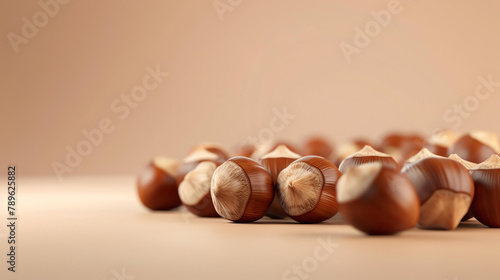 Hazelnuts in their shells. A close-up of a handful of hazelnuts. The nuts are brown and have a rough texture.