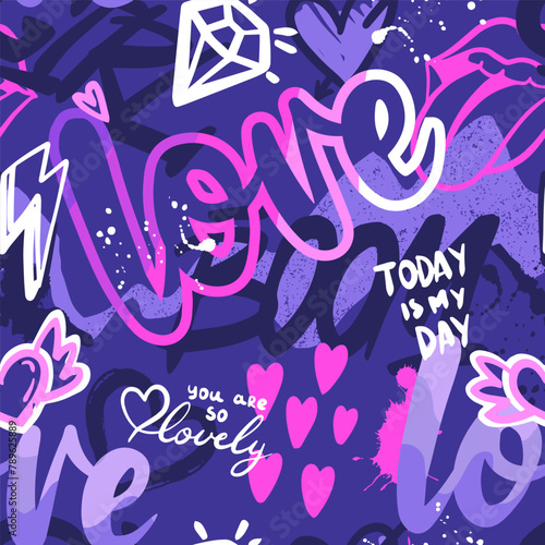 Abstract seamless chaotic pattern with words 'love' and hearts. Grunge colourful background. Wallpaper for girls. 