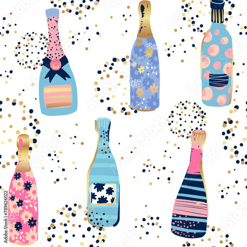 Abstract seamless pattern with bottle, champagne and gold confetti. Fashion print for girl.  Birthdays design background for girls. 