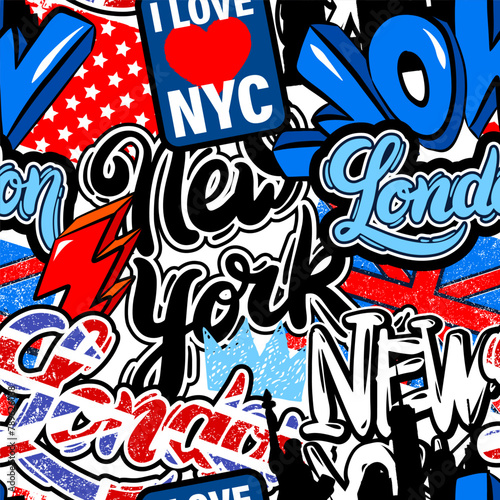 Modern seamless pattern with stickers and patches, graffiti and grunge elements. Street art style illustration. New York, London city pattern