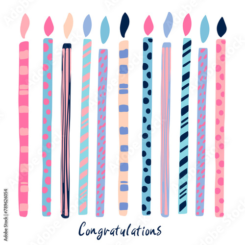 Cute abstract illustration with candles. Birthdays design for girls. Fashion girlish greeting card