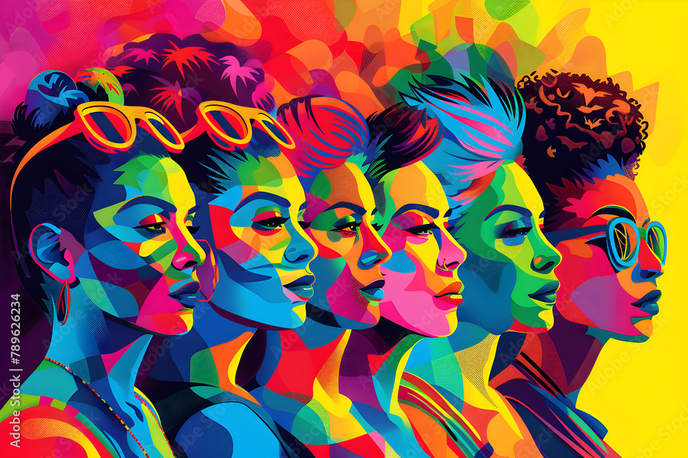 Vibrant pop art illustration celebrating LGBTQ pride with diverse, colorful profiles.