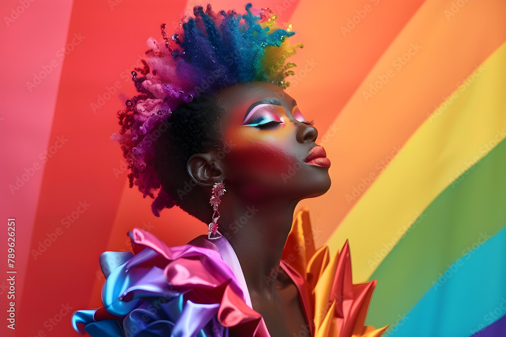 Obraz premium Portrait of a person with colorful makeup and rainbow-themed styling, suitable for pride events and cultural celebrations.