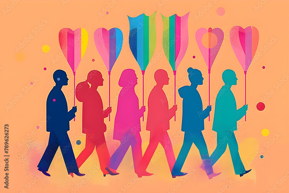 Colorful illustration of silhouetted figures with balloons, representing LGBTQ pride and diversity, possibly used for Pride Month events. Colorful illustration of silhouetted figures with balloons, representing LGBTQ pride and diversity, possibly used for Pride Month events.