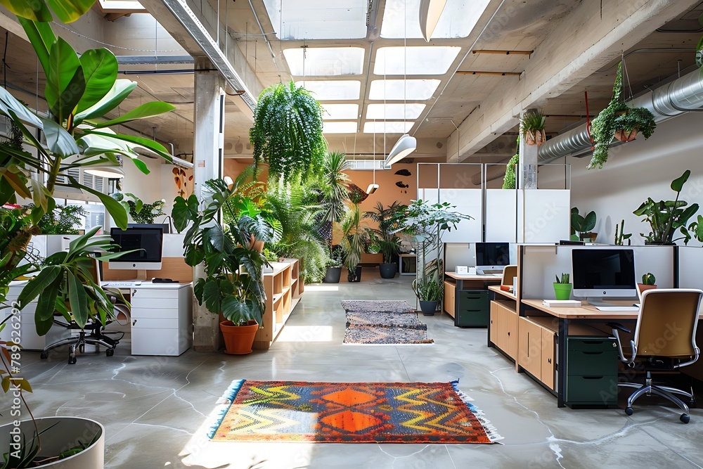: Sunlit office space with skylights, lush greenery in planters, and vibrant geometric rugs.