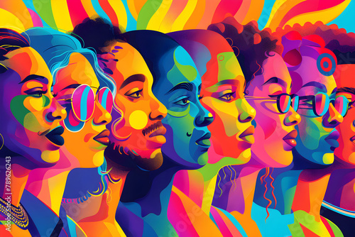 A pop art illustration celebrating LGBT Pride with vibrant, diverse faces unified in a rainbow of colors, suitable for event promotions.