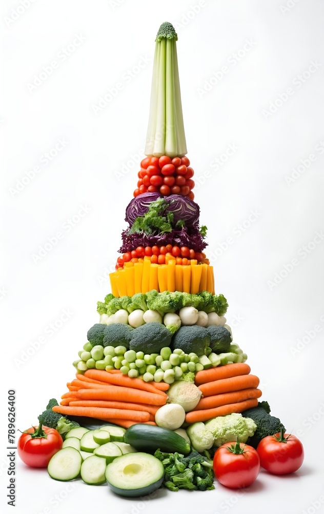Various vegetables in shape of tower on grey background.