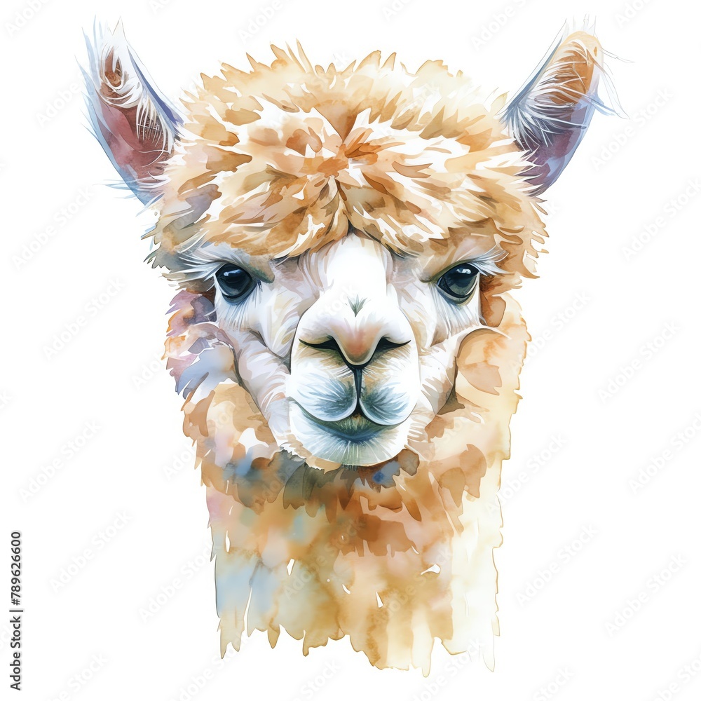 Fototapeta premium A detailed watercolor of an alpaca with a curious gaze, fluffy coat and soft pastels, white background, vivid watercolor, 100 isolate