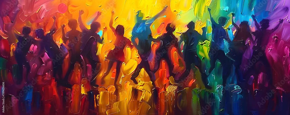 Vibrant abstract oil painting of joyful dancing figures in nightclub atmosphere, ideal for LGBT pride events or celebrations.