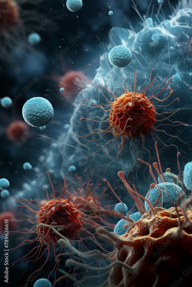 Advanced imaging of a targeted therapy process showing cancer cells being selectively destroyed, focus on cell interaction Advanced imaging of a targeted therapy process showing cancer cells being selectively destroyed, focus on cell interaction