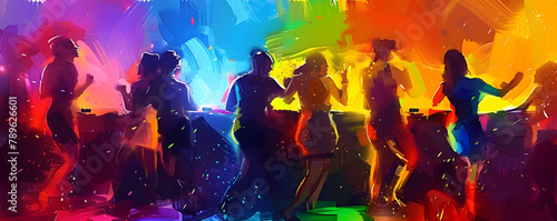 Abstract illustration of silhouetted people dancing in a club, with vibrant oil paint splatters and rainbow colors, suitable for events like lgbt pride.