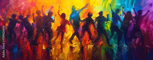 Vibrant abstract oil painting of joyful dancing figures in nightclub atmosphere, ideal for LGBT pride events or celebrations.