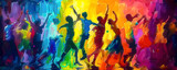 Vibrant abstract illustration of people dancing with joy in a club atmosphere, perfect for LGBT pride events and festive celebrations.