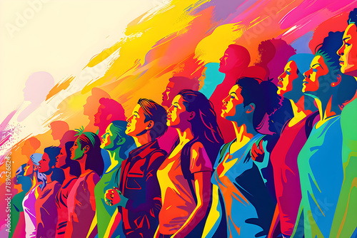 Vibrant pop art style illustration of diverse people in rainbow colors celebrating pride and lgbt community, suitable for event design.