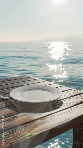 breakfast served on a white flat plate, positioned on a wooden table by the sea, with the background featuring only the tranquil expanse of the sea and the gentle rays of the sun.