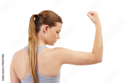 Bicep, girl and strong in studio, fitness and flex of muscle, wellness and training or exercise in gym. Proud, athlete and person in white background, confidence and healthy with workout and sports