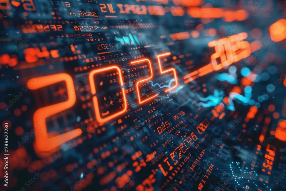 A computer screen with the numbers 2025 written in red A computer screen with the numbers 2025 written in red