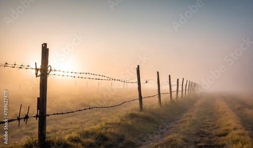 Steel barbed wire fence at field. Generated Ai