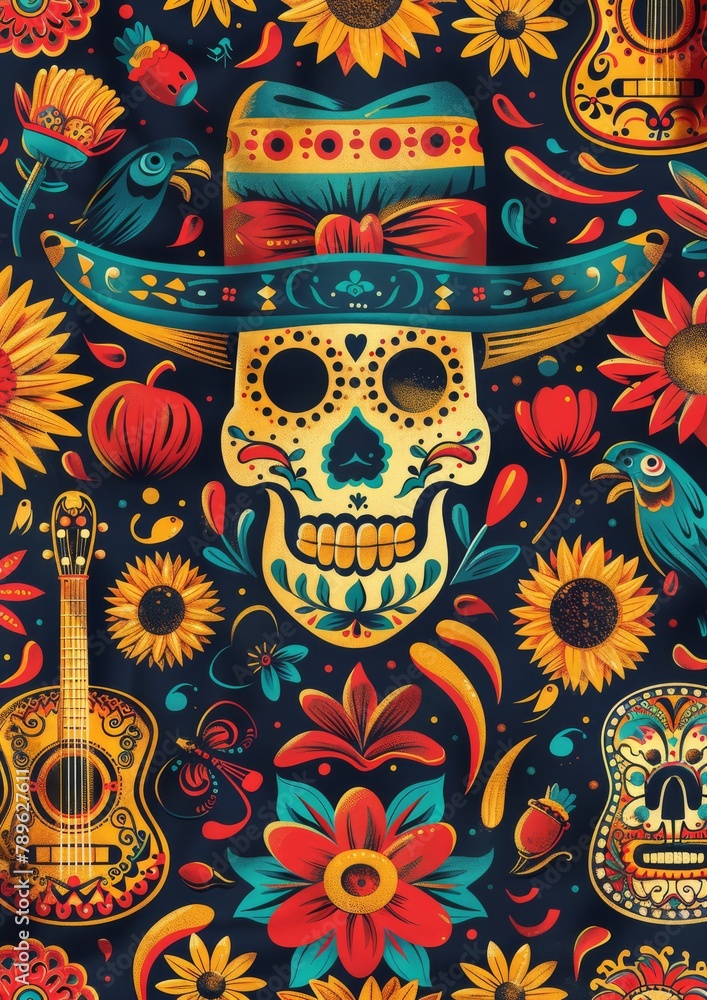 Сinco de mayo festival. Traditional masks and sunflowers. Traditional Mexican culture and the Cinco de Mayo celebration. Cinco de Mayo pattern Сinco de mayo festival. Traditional masks and sunflowers. Traditional Mexican culture and the Cinco de Mayo celebration. Cinco de Mayo pattern
