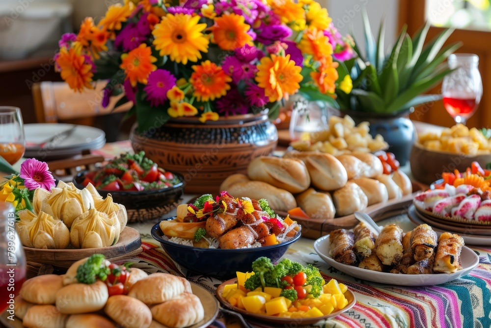 Brazil festival. Traditional Brazilian food. Festa Junina celebration. Table is decorated with brightly colored fabrics and flowers. Horizontal banking poster background for web