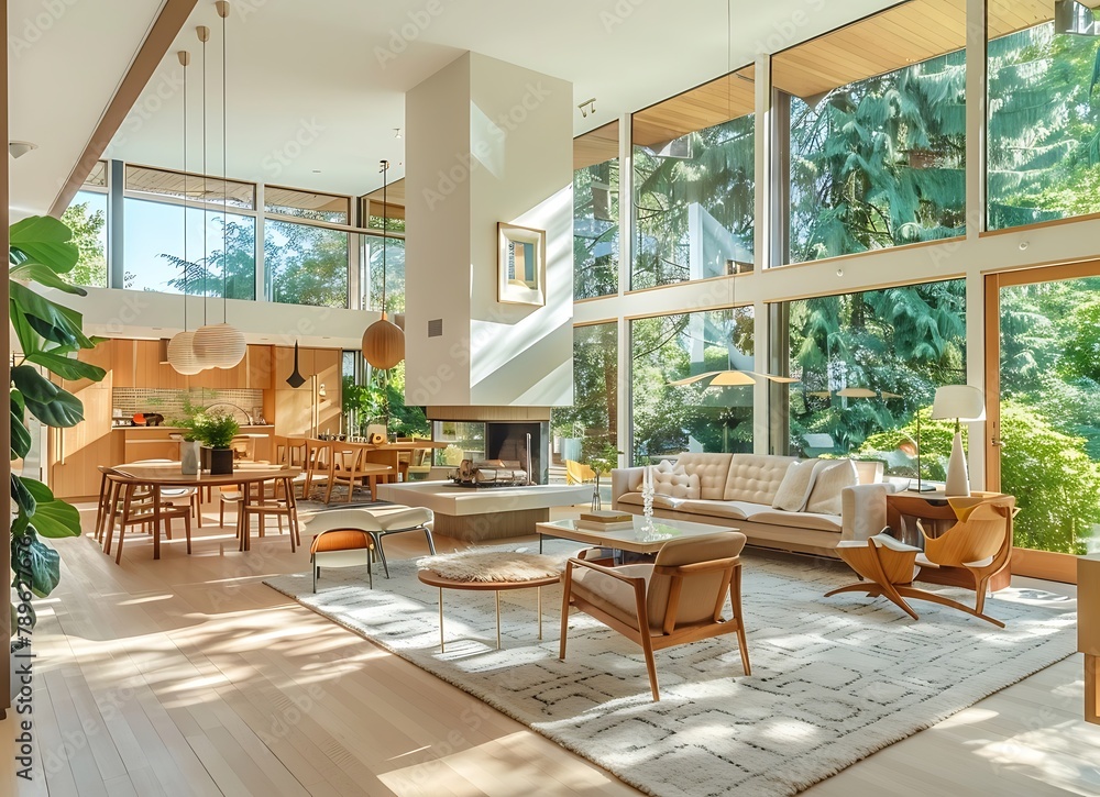 Beautiful mid century modern home interior with large windows