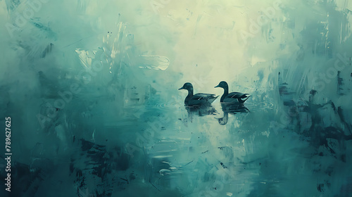 Turquoise painted backdrop with two floating ducks in early daylight  serene and picturesque  evoking tranquility and the beauty of dawn in nature
