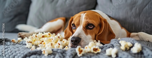 A scent hound dog is lounging on a couch next to a bowl of kettle corn popcorn photo