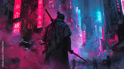 modern painting of a samurai, neon lights, futuristic city, cyberpunk, fantasy, people, night, robot, warrior, art, black, smoke, sword, music, future, dark, person, war, futuristic, rock