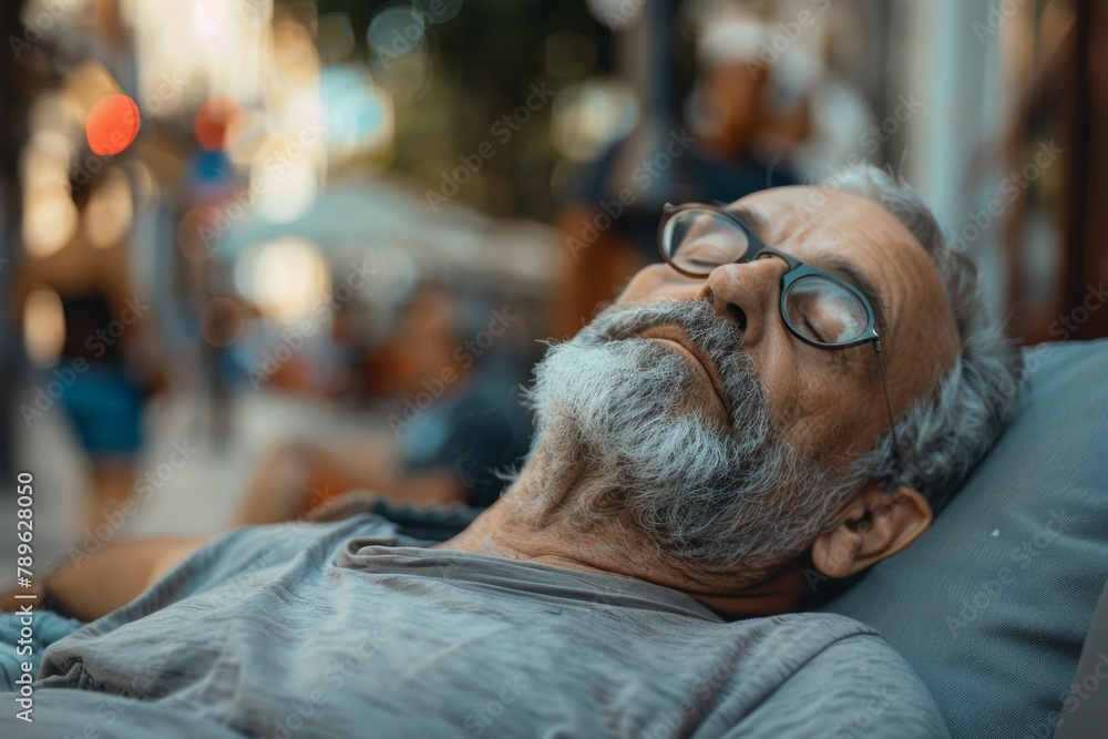 Senior or old man tired of summer heat. Background with selective focus and copy space Senior or old man tired of summer heat. Background with selective focus and copy space