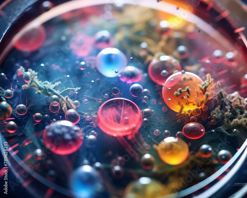 Closeup image of bacteria in a petri dish, simulating a battlefield with visible interactions and reactions