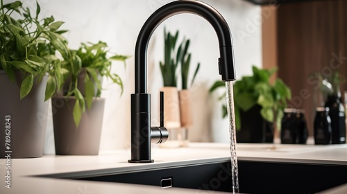 Modern luxury flows with a black faucet and white sink arrangement  accented by a lush green plant in a high-resolution  stylish kitchen close-up