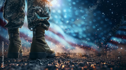 Military boots on a starry background with American flag. Heroism and sacrifice concept. Design for memorial day, veterans day banner, and poster photo