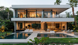 A modern white mansion with large windows, glass doors and walls, plants around the pool outside, a living room inside with double high ceilings, a minimalist design with concrete floors.