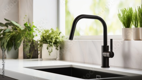 Sleek black kitchen faucet stands over a pristine white sink, with a fresh green plant adding a touch of nature, showcased in realistic high-resolution