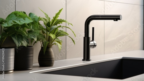 Sleek black kitchen faucet stands over a pristine white sink, with a fresh green plant adding a touch of nature, showcased in realistic high-resolution