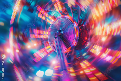 Blurred background of spinning rides and flashing neon lights. Carnival fun. Generative AI