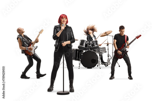 Rock band performing with a lead female singer