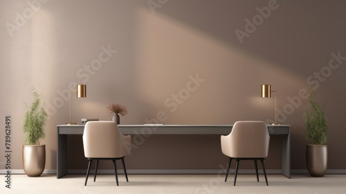 Sophisticated Taupe Office: A luxuriously minimal office space designed in tan and taupe hues, featuring small armchairs and a contemporary metal table, with a blank pastel gray wall providing a calm photo