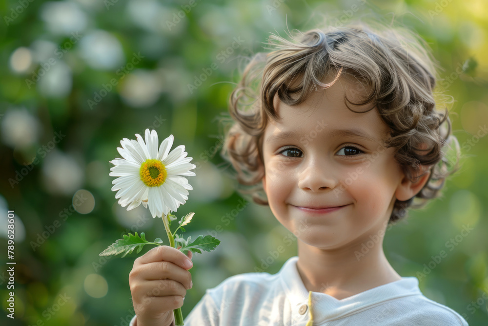 Cute smiling boy holds a flower. Generative AI Cute smiling boy holds a flower. Generative AI