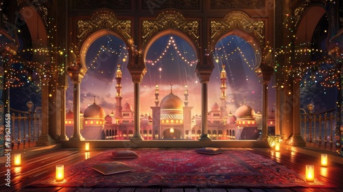 Eid Mubarak with a vibrant and lifelike Islamic background, featuring traditional elements such as intricate geometric patterns, Arabic calligraphy, and symbolic motifs.