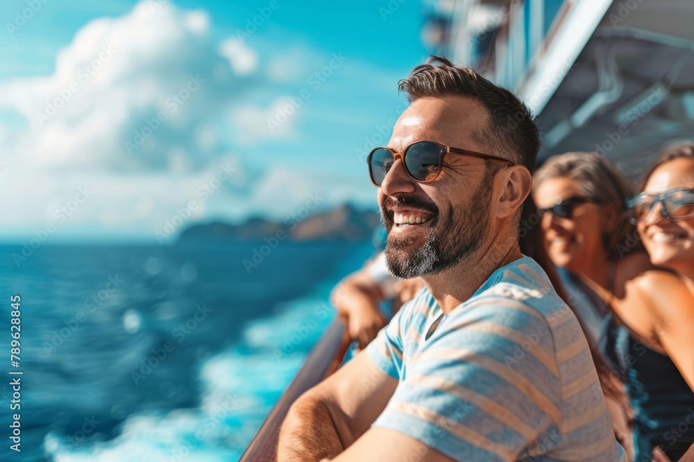 People on a cruise ship smiling and looking out on the sea and islands. Generative AI