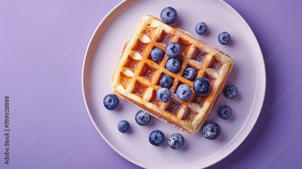 Belgian waffle with blueberries on a white plate on a purple background, healthy eating, delicious breakfast Belgian waffle with blueberries on a white plate on a purple background, healthy eating, delicious breakfast