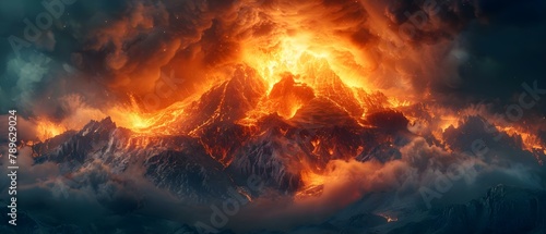 Fiery Olympus Eruption: A Mythic Spectacle. Concept Mythology, Natural Disasters, Devastation, Ancient Gods, Volcanic Eruption photo